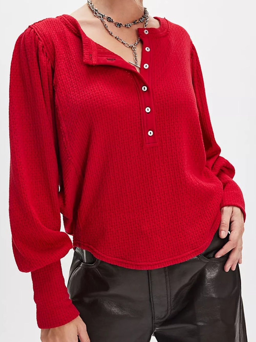 NWT Free People Quinn Knit Top Salsa size Medium Red Oversized Thermal Henley